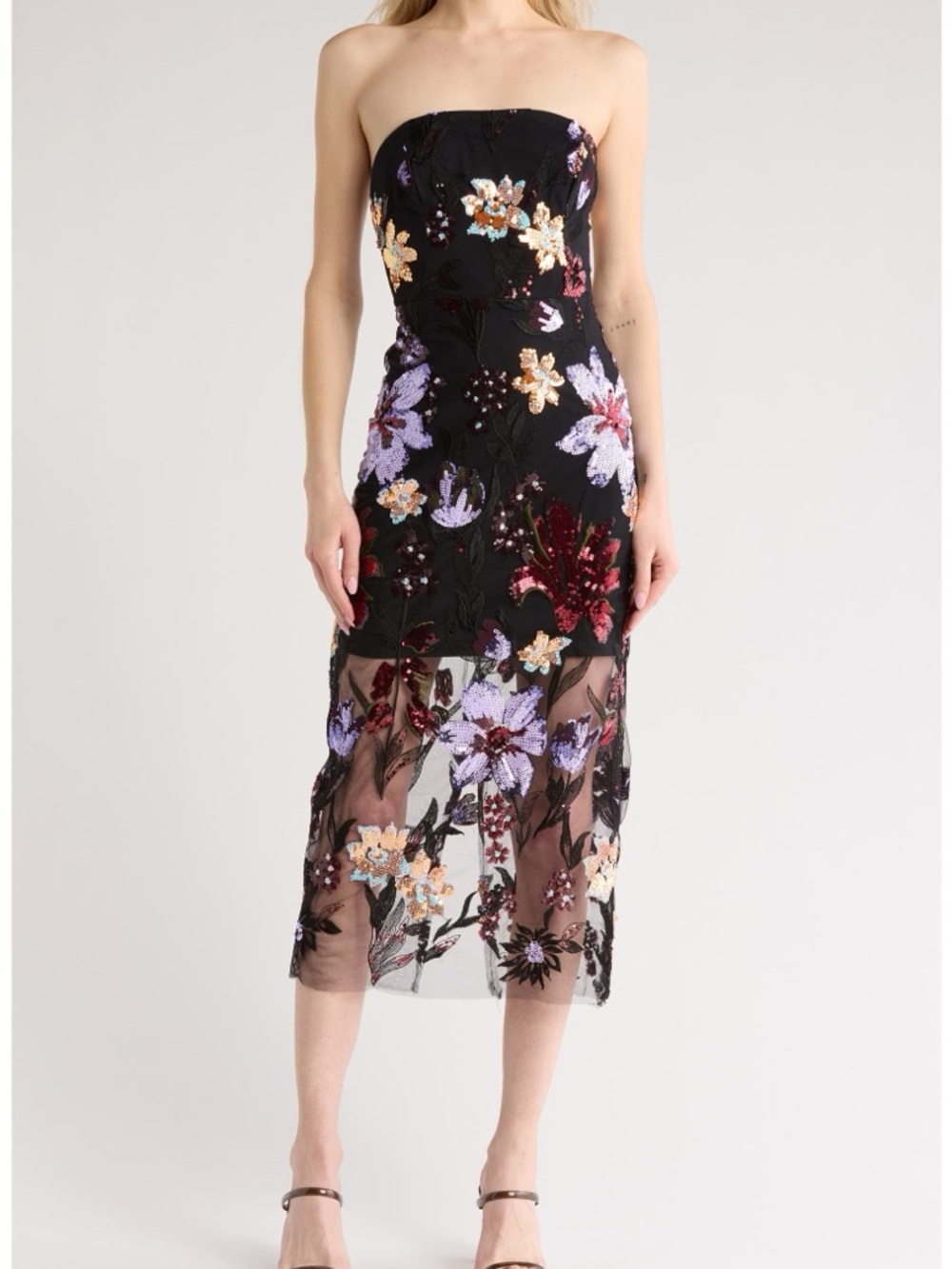 Sam Edelman Black strapless midi Dress with floral sequin embellishments A-27